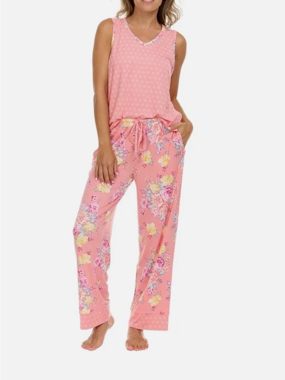 Flora Nikrooz Coral Pink Floral Robe, Tank & Pant Sleep Set - Picture 8 of 9